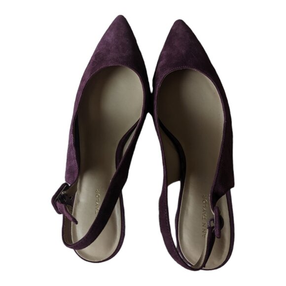 Ann Taylor Brielle Suede Block Heel Slingback - Dark Plum Kiss, Size 8 - Picture 4 of 7